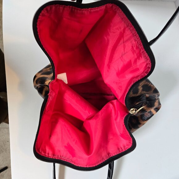 Leopard Hot Pink Interior Zipper Tote Bag Purse Black Handles Elizabeth Arden - Picture 4 of 5